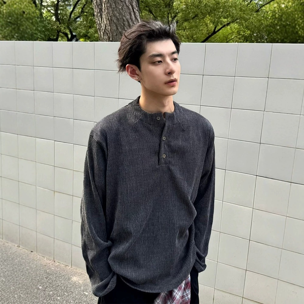 美式复古亨利领polo衫男款长袖t恤秋季老钱风肌理感v领内搭打底衫