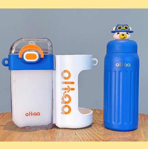 Cute cartoon 316 stainless steel children's thermos cup outdoor portable double warehouse plastic cup large capacity straw cup