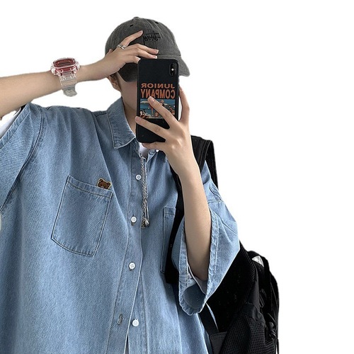 Embroidered denim short-sleeve shirt for men, Hong Kong-style summer fashion loose fitting shirt, high-end casual jacket, cool rebel-style top