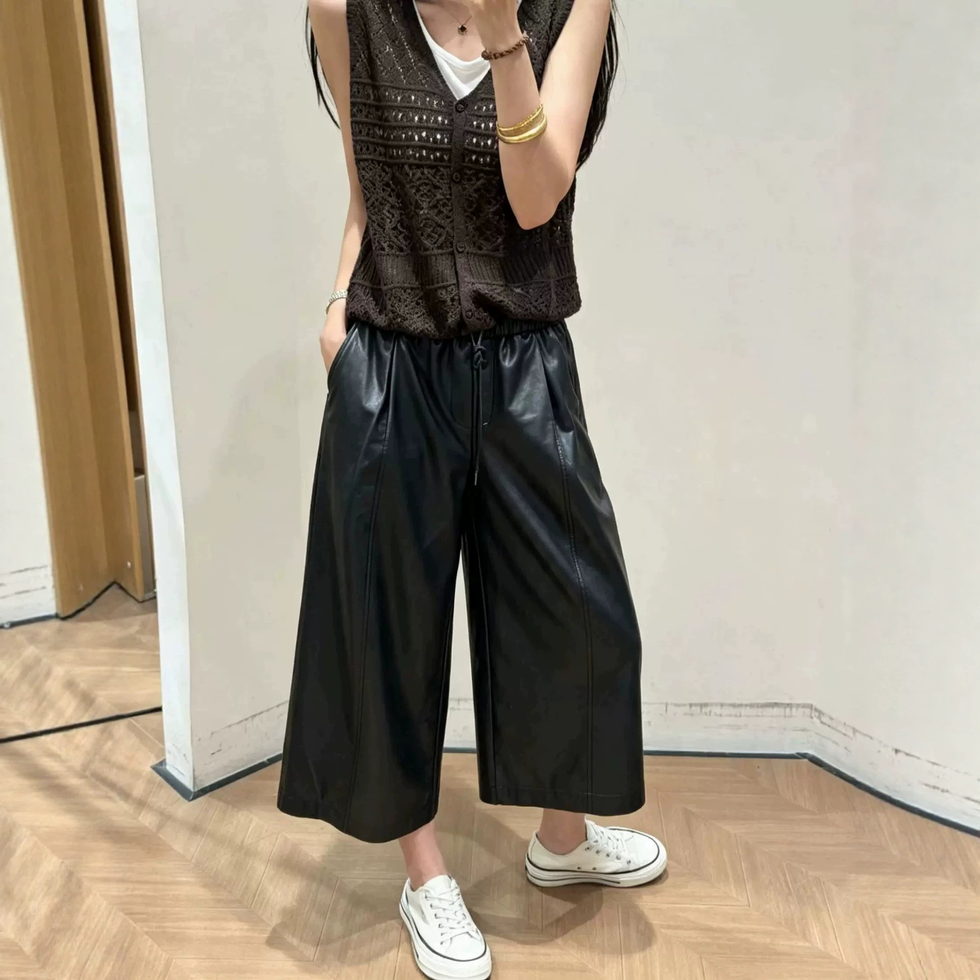 全植鞣绵羊皮真皮皮裤女2026新款显瘦阔腿