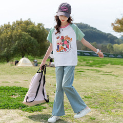 2024年夏季休閒風B類棉T恤女中大童套裝卡通圖案短袖圓領設計批發