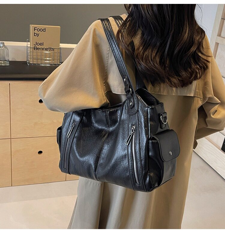 Túi tote nữ dung tích lớn đeo chéo đeo vai phong cách retro, chất liệu PU mềm — Màu cà phê, Màu nâu, Màu đen chi tiết 19