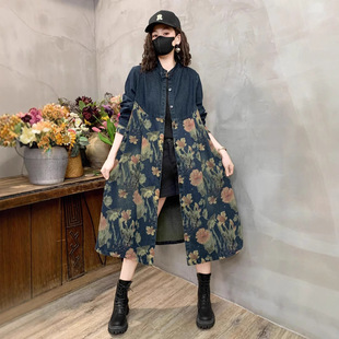 2025 New Autum Style Floral Print Splicing Distressed Denim Jacket Loose Round Neck Cardigan Jacket Top for Women