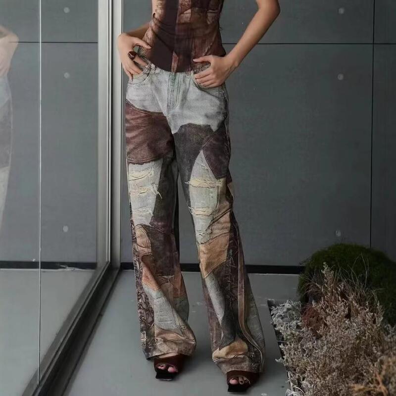 Vintage New Mud Dye Printing Old Stitching Loose Ripped Low Waist Jeans Wide Leg Dirty Trendy Pants for Men and Women