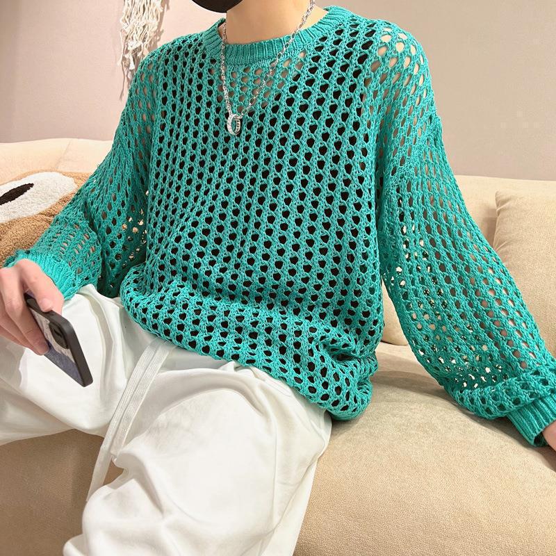 Spring and Autumn Knitwear for Men, Trendy Brand Hollow-Out Fishnet Design, Sun-Protective Cover-Up, Fashionable Long-Sleeve Sweater, Base Layer Spring and Autumn Knitwear for Men, Trendy Brand Hollow-Out Fishnet Design, Sun-Protective Cover-Up, Fashionable Long-Sleeve Sweater, Base Layer