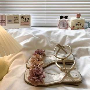 French Flower Open-Toe Sandals for Women 2025 Summer New Low-Heeled Fairy Style with Skirt Beach Versatile Roman Shoes
