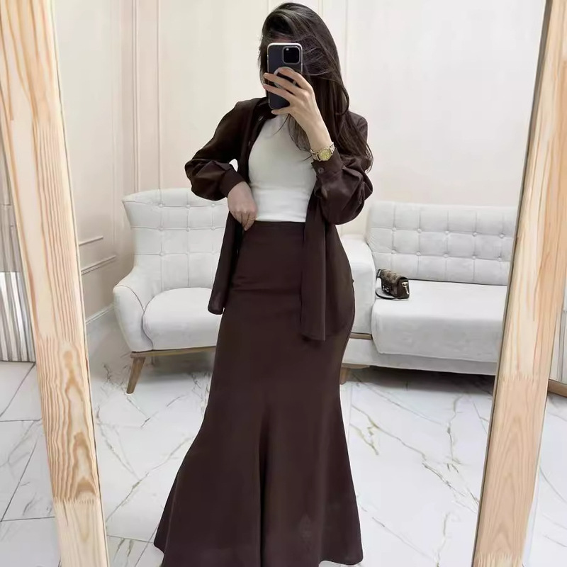 2024 Cross-Border Foreign Trade New Women's Fashion Suit Solid Color Linen Cotton Fabric Lapel Top Long Skirt Casual Style