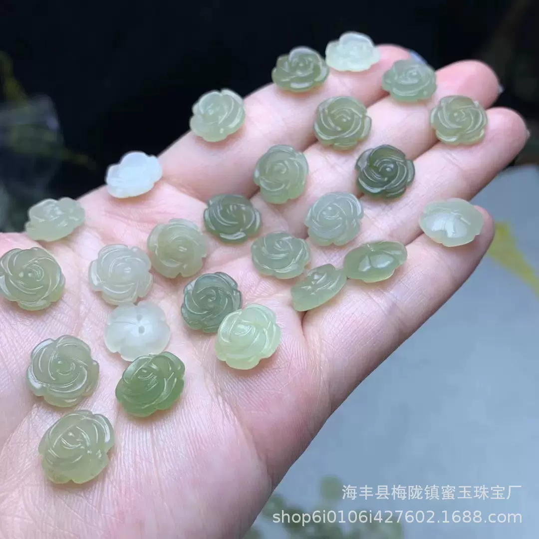 和田玉青海料玫瑰花配饰 横孔设计 任意DIY 和田玉散珠 配件 饰品