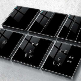 国际电工 86型亚克力黑色3d水晶墙壁开关插座五孔家用 一开五孔双