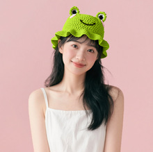 纯手工钩针卡通百搭时尚针织渔夫帽女日韩系可爱腮红青蛙毛线帽子