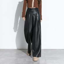 美式安哥拉红真皮阔腿休闲皮裤女2025高腰宽松绵羊皮拖地裤加绒潮