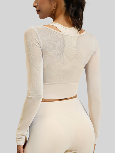 Polyester chiffon long-sleeved two-piece yoga top with built-in bra, suitable for exercise and fitness