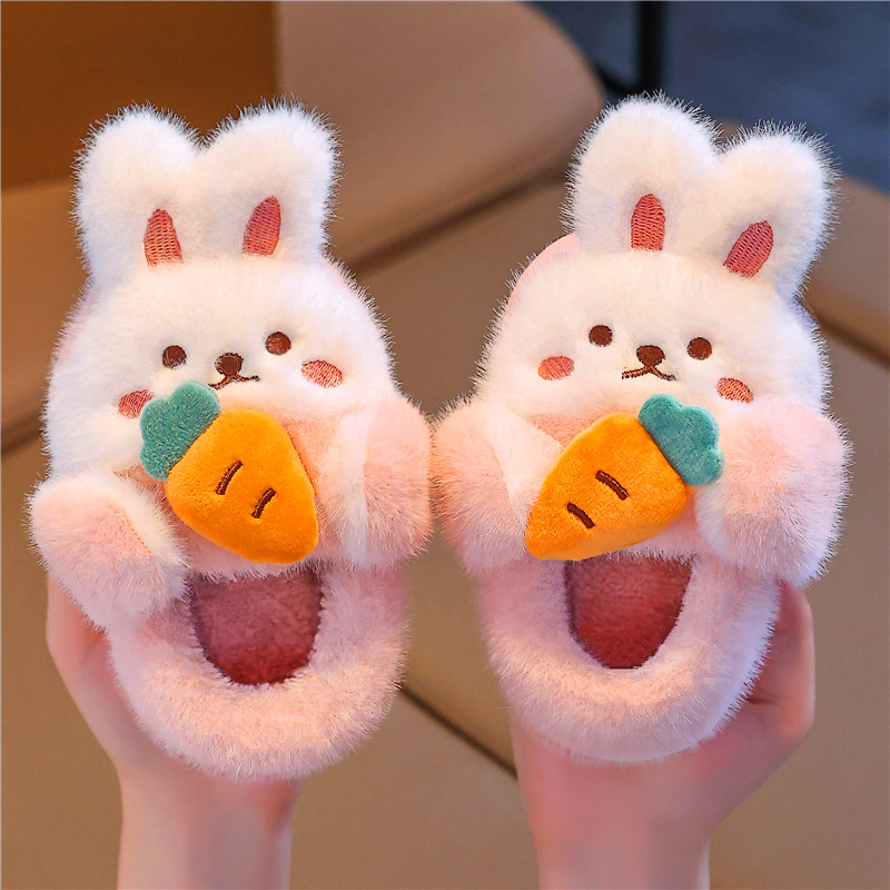 Zapatillas de algodón para niños de invierno antideslizantes de dibujos animados para niños pequeños y medianos calientes en casa bolsas de peluche de conejo y zapatos de algodón para bebés