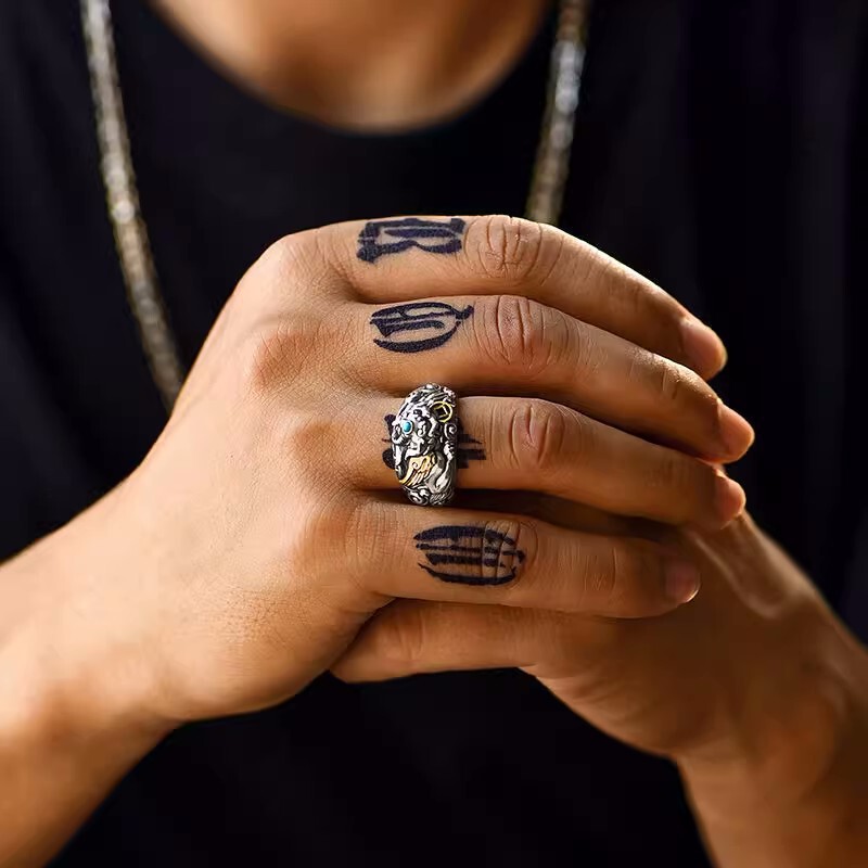 Colorful chic ring men's national fashion personality retro niche design sense domineering two-color open adjustable ring Colorful chic ring men's national fashion personality retro niche design sense domineering two-color open adjustable ring