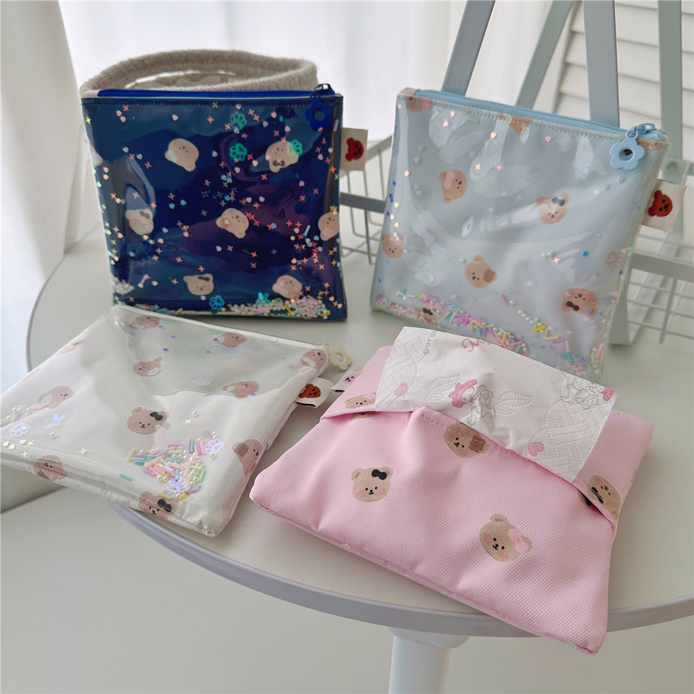 Unique and cute bear-themed simple quicksand bag, KT shoulder bag, tissue bag, small makeup bag, sanitary pad and lipstick storage bag