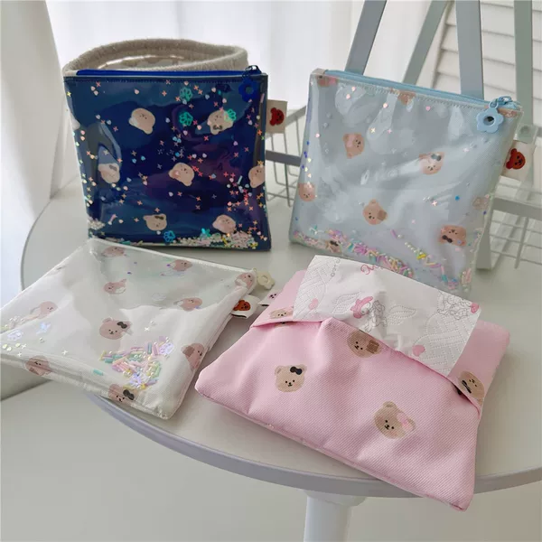 Unique and cute bear-themed simple quicksand bag, KT shoulder bag, tissue bag, small makeup bag, sanitary pad and lipstick storage bag