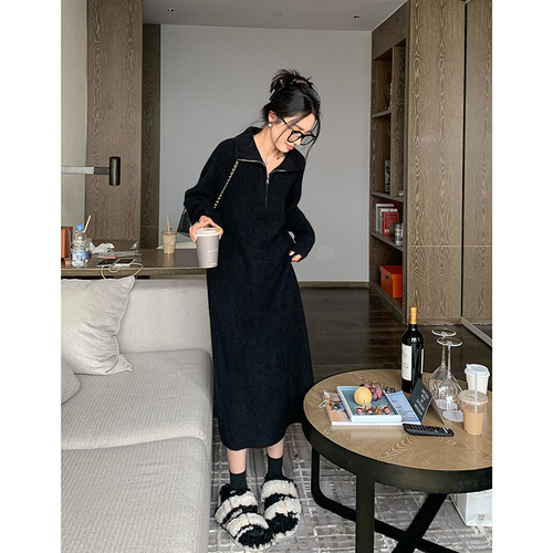 2025 Spring and Autumn Matching Coat Inner Long Dress with High-Gloss Goddess Style Long-Sleeve Knit Dress
