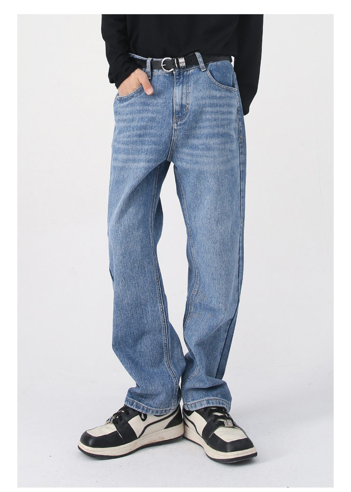 Quần jean nam ống thẳng lửng 9 tấc dáng rộng giặt wash phong cách Hàn Quốc — Màu đen, Denim xanh, Xanh lam đậm, Đen Xám chi tiết 4