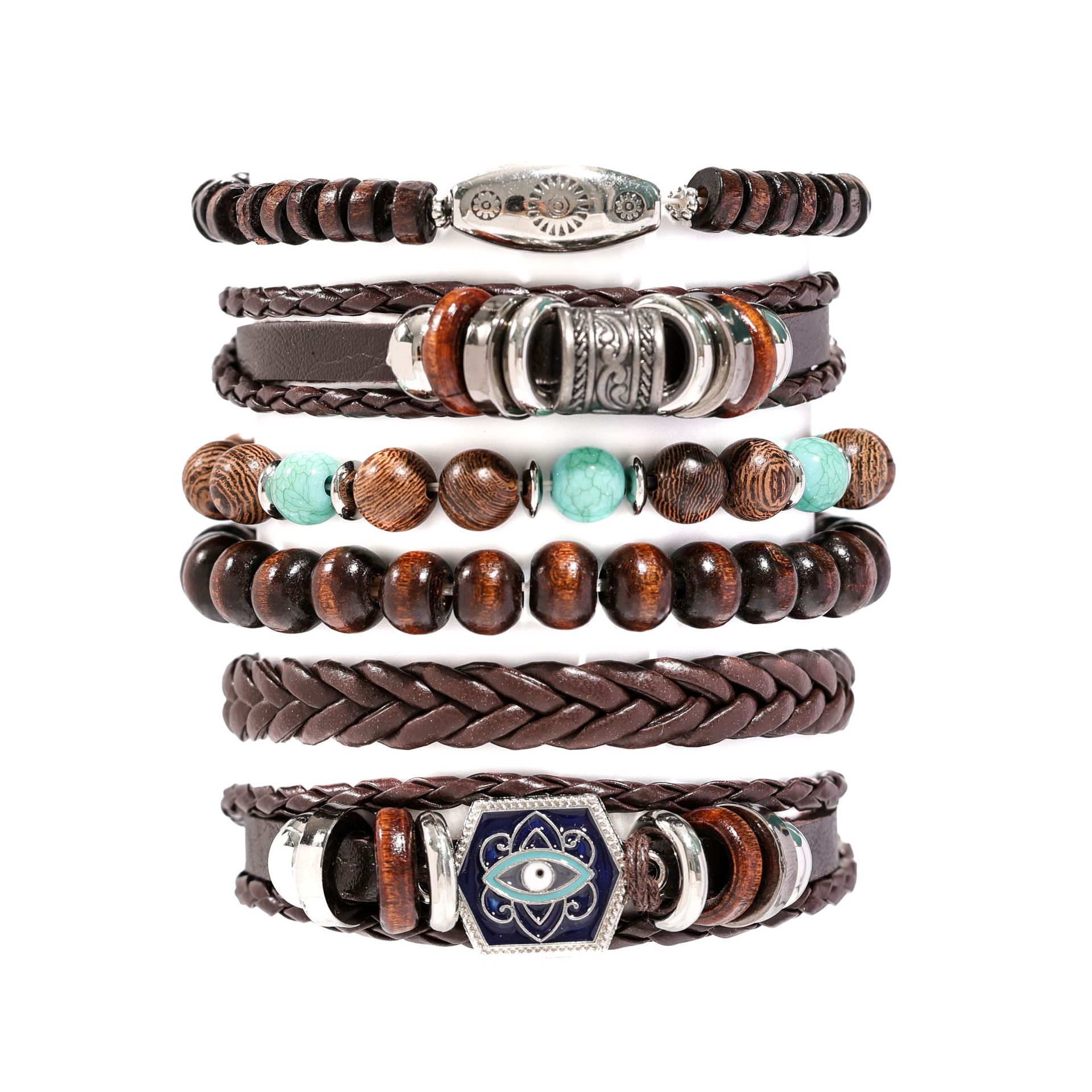 Pulsera de cuero para hombres retro de venta caliente transfronteriza, traje tejido europeo y americano, joyería multicapa, cuerda de mano, suministro directo de fábrica y venta al por mayor