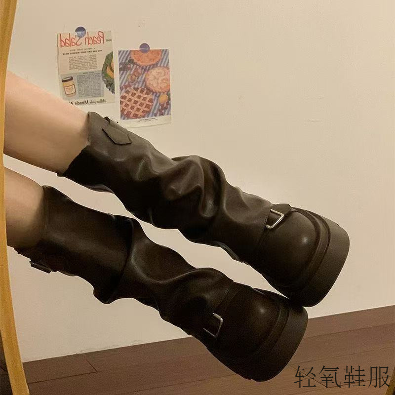 百搭厚底增高马丁靴女2025新款秋季美式复古皮带扣褶皱机车靴高级|undefined