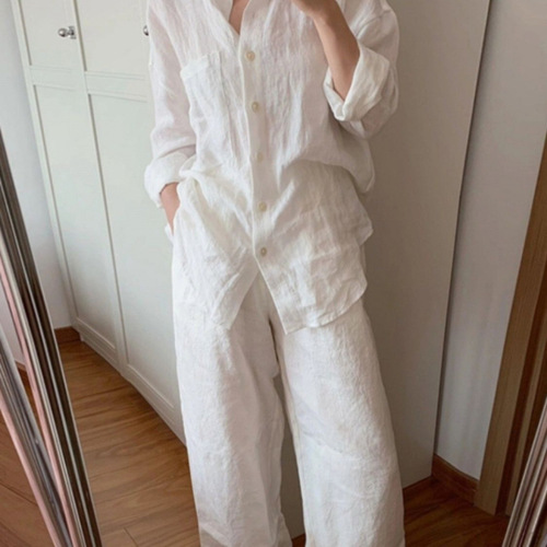 White Cotton Linen Long-Sleeve Women's Top 2025 Spring and Autumn New Simple Casual Sloppy Style Versatile Loose Shirt