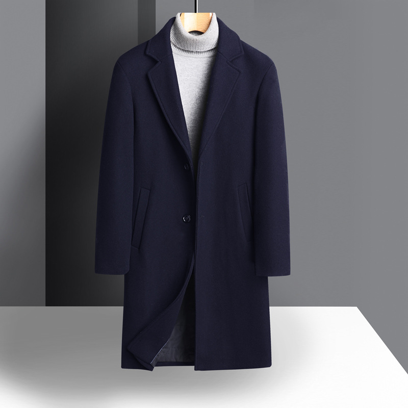 新款秋冬季中长款羊毛呢大衣男宽松西装休闲商务外套纯色过膝风衣