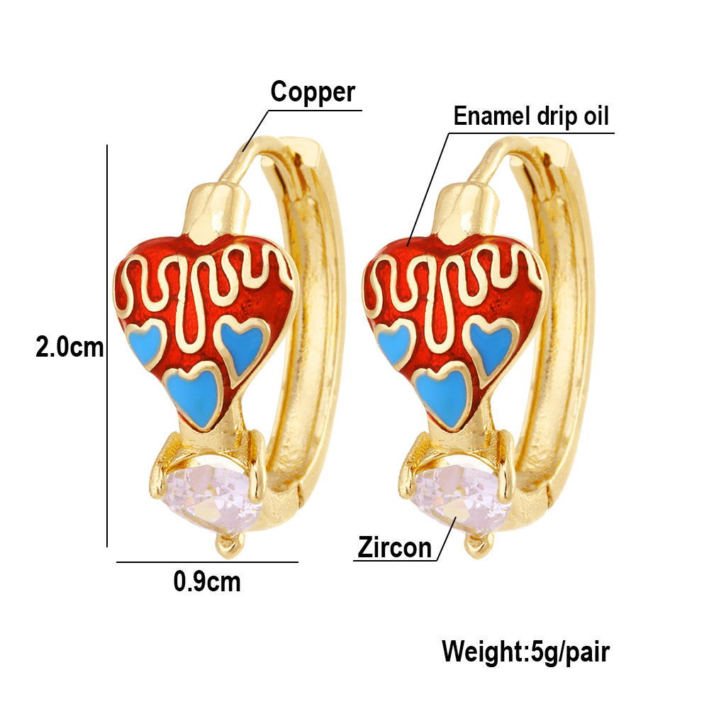 Fashion Heart Shape Copper Enamel Inlay Zircon Hoop Earrings 1 Pair display picture 1