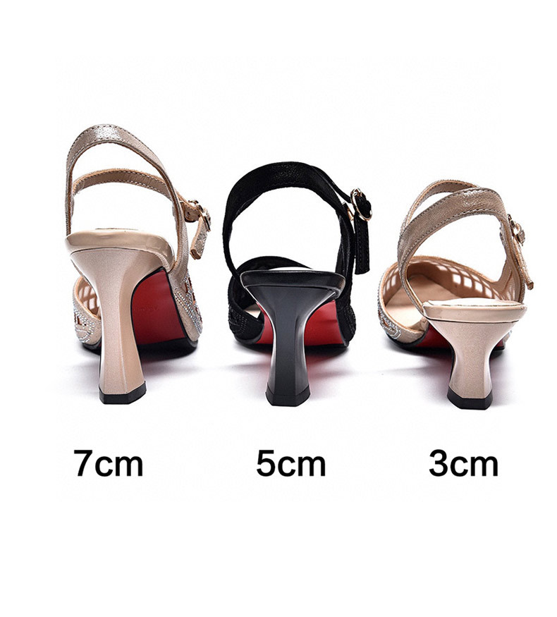 Sandal cao gót nữ mũi nhọn bít mũi lưới khoét lỗ, quai đơn, gót 3 cm — Gót vàng 3cm chi tiết 9