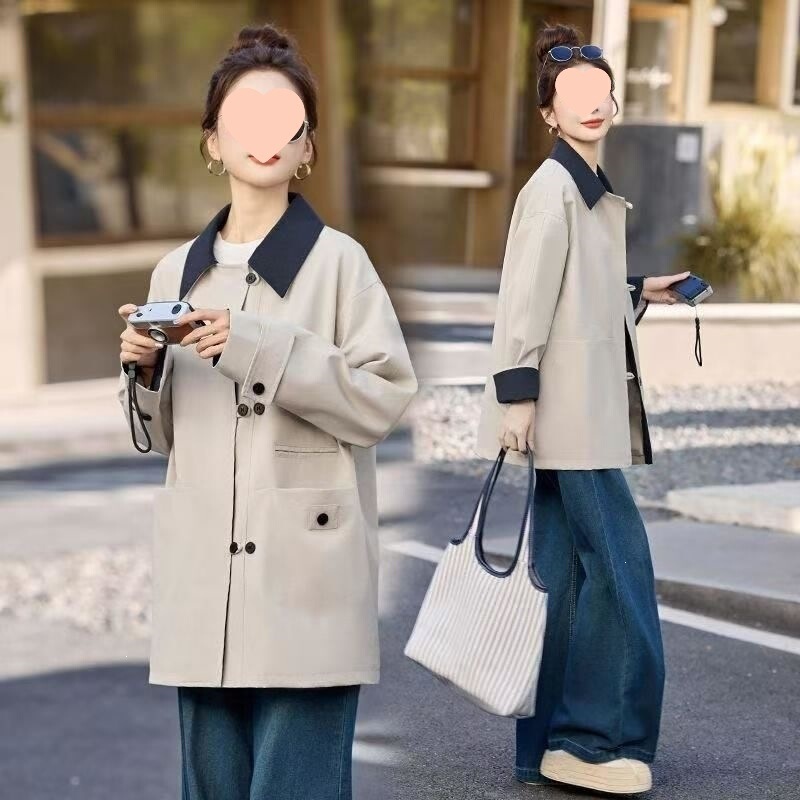 Women's mid-length trench coat, 2026 spring/autumn new collection, high-end design, casual style, color-blocked patchwork outerwear, directly from the factory Women's mid-length trench coat, 2026 spring/autumn new collection, high-end design, casual style, color-blocked patchwork outerwear, directly from the factory