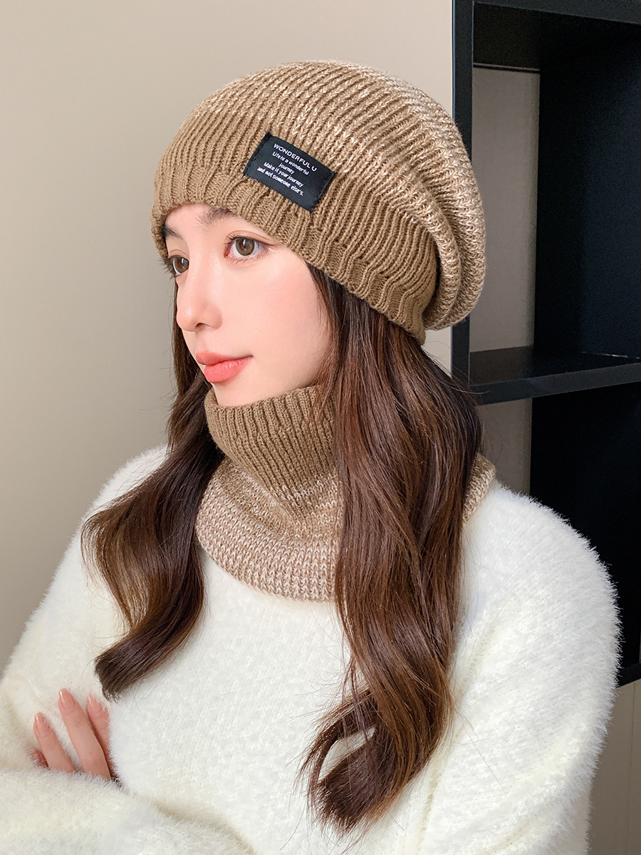 Kötött pulóver sapka és sál szett férfi és női téli vastagított és bársony kültéri arcvédő kétszínű kötött sapka_voghion.com