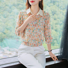 金韩碎花雪纺衬衫女2025春夏款欧货洋气百搭七分袖漂亮通勤Po包邮