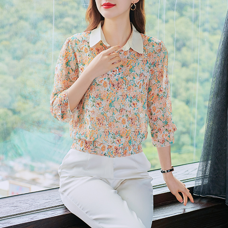 金韩碎花雪纺衬衫女2025春夏款欧货洋气百搭七分袖漂亮通勤Po包邮