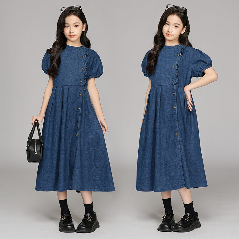 Children's Girls dress Summer Retro Four-button Denim Skirt 2025 Children's Girls Western Style Skirt