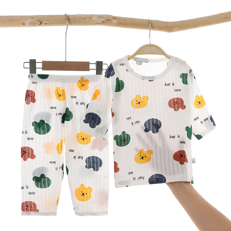 Conjunto de pijama para uso doméstico, ropa de algodón puro para aire acondicionado para niños y niñas, ropa de verano fina de manga corta para bebés y niños pequeños.