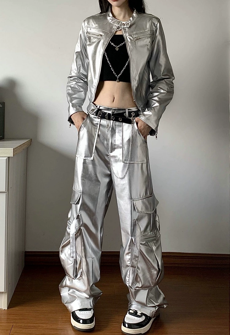 На самом деле спот 2024 осенние горячие девушки танцуют карманные широкие брюки-комбинезоны hiphop жареные уличные свободные серебряные брюки