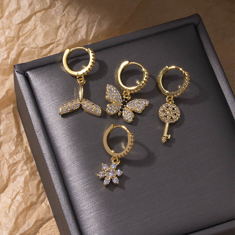 Fashion Water Droplets Flower Butterfly Copper Inlay Zircon Ear Studs 1 Piece