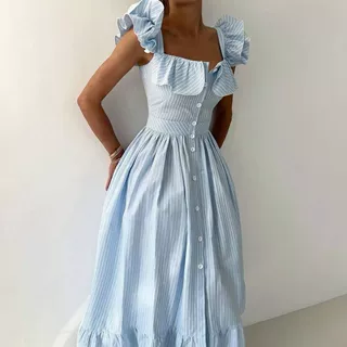 批发2025春新品欧美风女装三色单排扣条纹荷叶边收腰连衣裙