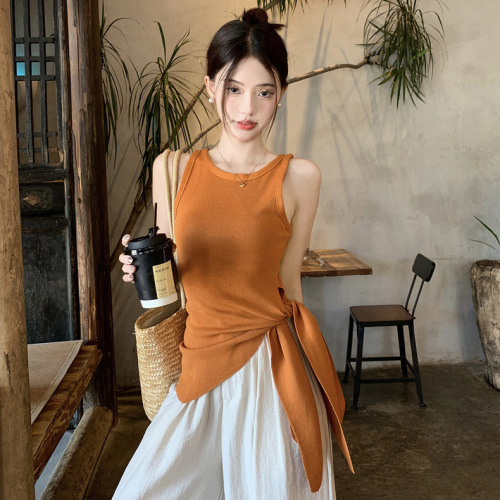 Korean-style design niche side-tie sleeveless knit top summer thin slimming versatile women's clothing