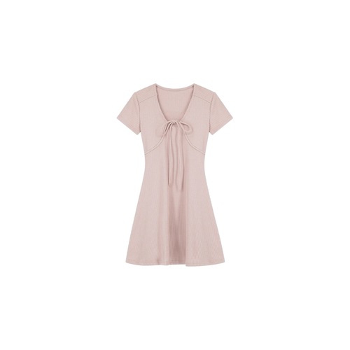 French U-neck solid color patchwork bow tie knitted short skirt 2025 summer short skirt temperament dress