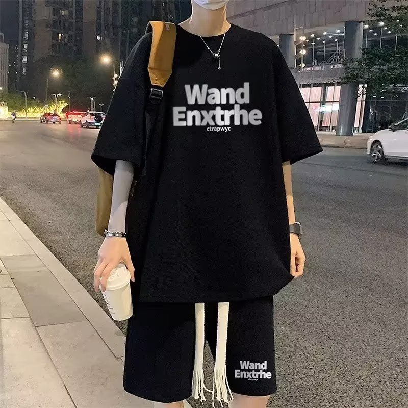 休闲套装气质T恤时尚夏季原宿五分袖新款潮流男五分裤慵懒日系ins