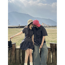 2025情侣装夏季复古假两件波点连衣裙学院风POLO衬衫
