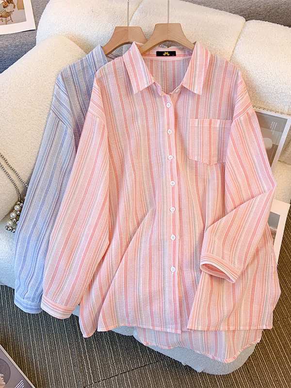 65-160kg Plus Size Women's Casual Shirt 2026 Spring and Autumn New Style for Chubby Girls Striped Sun-Protective Long-Sleeve Top