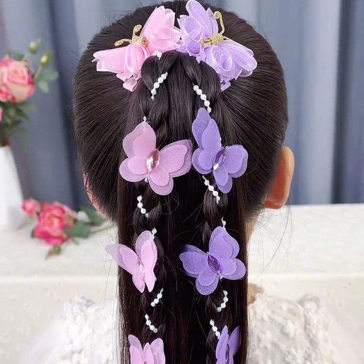 小さな女の子の新しいレトロな子供用バタフライクリップパールチェーン編み込みヘアピンプリンセス妖精ヘッドフラワーヘアバンドヘッドドレス|undefined