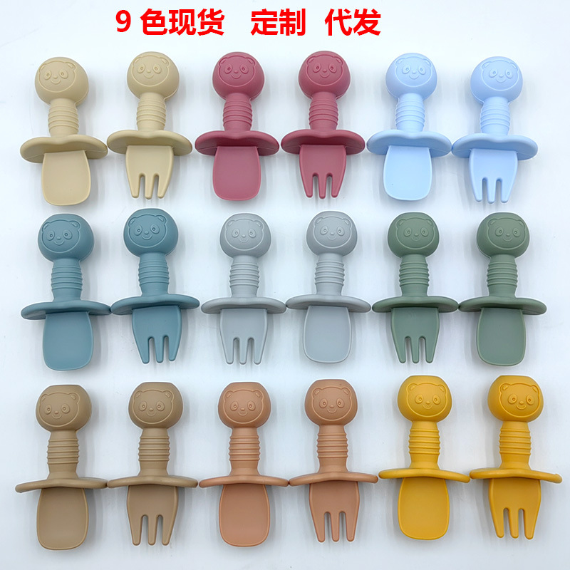 Hot sale silicone baby spoon fork auxiliary spoon children's tableware bear spoon licking spoon creative short handle fork small spoon