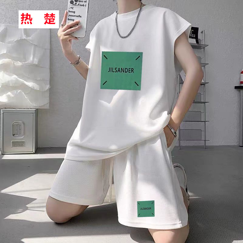 Summer New Large Size Men's Sports Suit Waffles Trendy Sleeveless T-shirt All-match Casual Two-piece Set 12