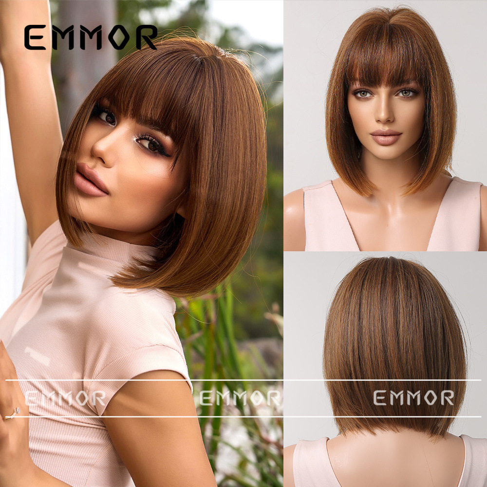 Peluca de las mujeres de alta temperatura de seda de pelo corto verano color natural cabeza de Bobo temperamento reducción de edad flequillo pelo corto recto peluca cubierta de la cabeza