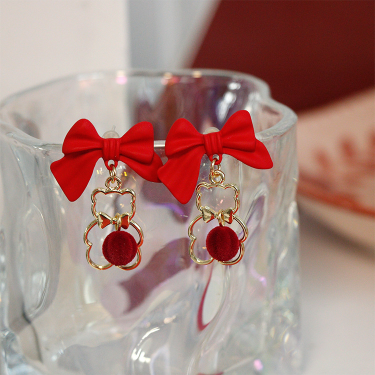 Genuine design red festive cartoon demi-season earrings with bow