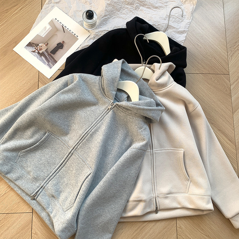 Korean Style Unisex Bf Style Cardigan Hooded Sweatshirt for Women Fleece-Lined Thickeneded Loose Lazy Hoodie Jacket Autumn and Winter New Trend