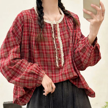 2025秋装新品 日系森女系复古圆领蕾丝格子宽松百搭长袖衬衫女装