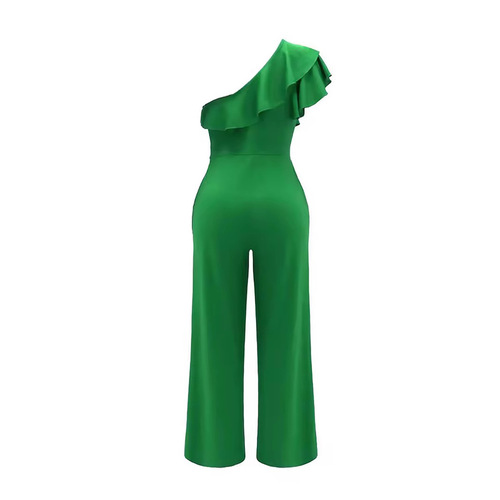 Elegant Women's European and American Amazon Fashion Bodysuit with Asymmetrical Shoulder and Lotus Edge Design, Stylish Long Dress